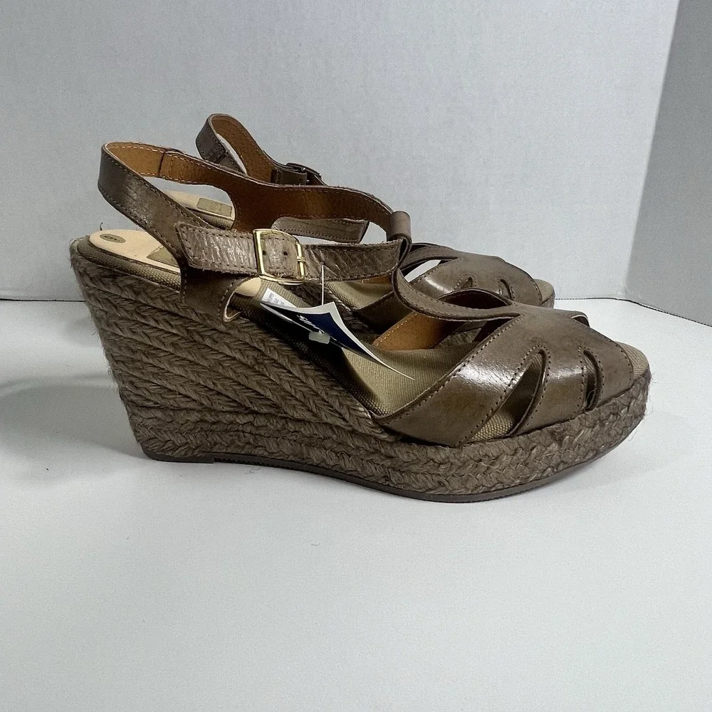 KANNA Women Brown Leather T-Strap Espadrille Wedge Sandals KV1519 Size 9 EU 39